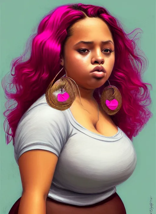 Image similar to full body portrait, teenage vanessa morgan, pink hair, brown skin, obese, curly pixie hair, sultry, realistic, short hair, hoop earrings, skirt, shirt, fat, belly, intricate, elegant, highly detailed, digital painting, artstation, concept art, smooth, sharp focus, illustration, art by wlop, mars ravelo and greg rutkowski