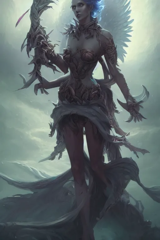 Prompt: beautiful girl necromancer full of sculls, wizard of the coast casting magic spell, angel, magic storm and thunder clouds, scifi, fantasy, magic the gathering, hyper detailed, octane render, concept art, 3 d render, hyper realistic detailed portrait, peter mohrbacher