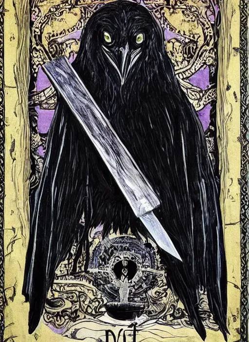 Image similar to portrait centered on a raven in a vantablack cloak and holding a symbolic weapon. art in the style of symbolism art style. portrait hung up in a windows 9 8 castle. r / oldschoolfantasy