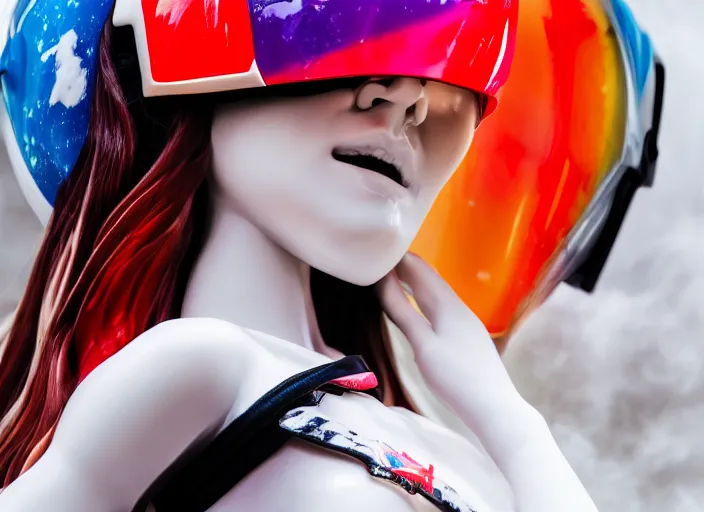 Image similar to extremely beautiful close up portrait photo of a white marble statue of an anime girl with colorful motocross logos and motorcycle helmet with closed visor, colorful smoke in the background, carved marble statue, fine art, neon genesis evangelion, virgil abloh, offwhite, denoise, highly detailed, 8 k, hyperreal