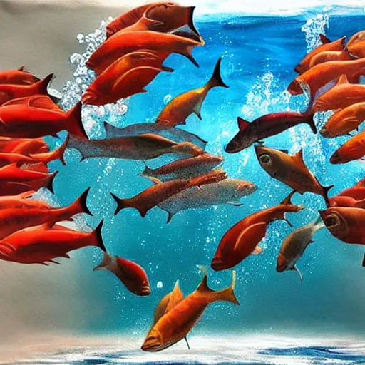 Prompt: Large group of fish, diving into a cheap drop from overhyped artist in the sea of fomo, painting, realistic, cinematic lighting, underwater