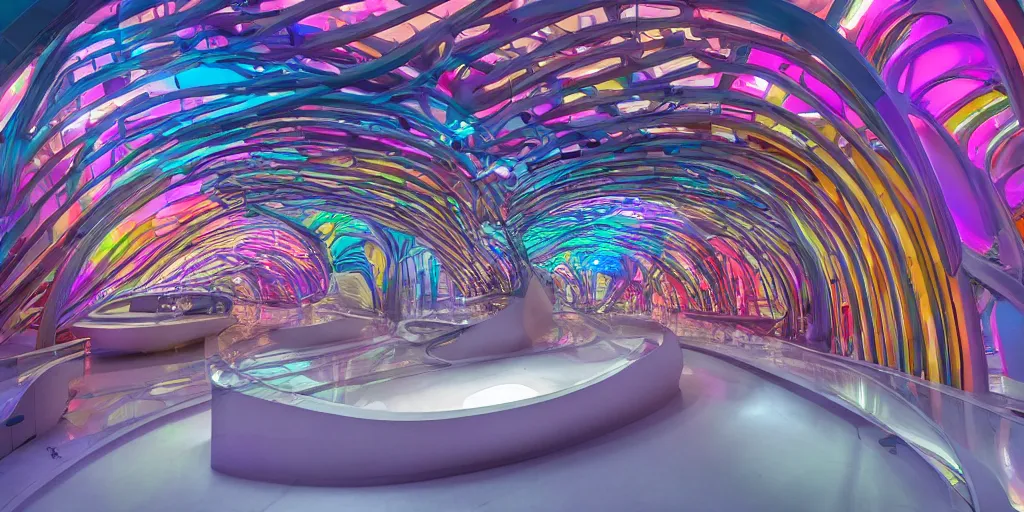 Prompt: extremely detailed stunning beautiful futuristic smooth curvilinear museum interior, colorful, hyper real, 8k, 3D cinematic volumetric light