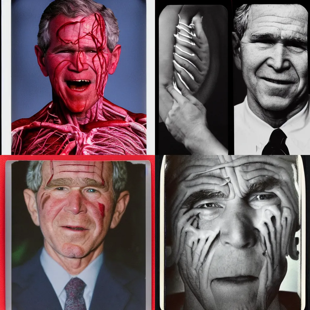 Prompt: polaroid phot of george w. bush body horror directed by david cronenberg, limb mutations, swollen veins, red flesh strings