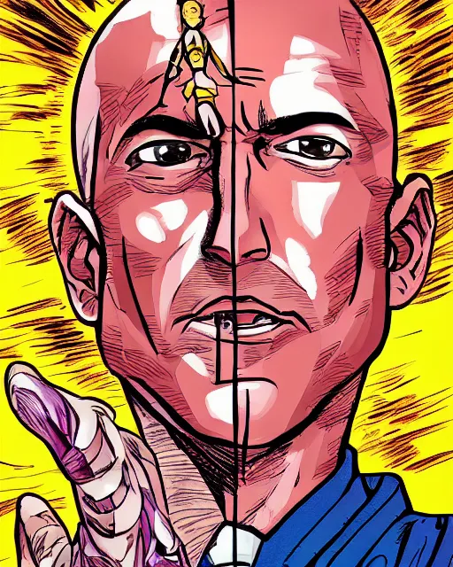 Image similar to Digital color ink drawing of Jeff Bezos from JoJo\'s Bizzare Adventure, highly detailed, sharp focus, screentone shading, 1990 manga panel, trending on ArtStation, manga cover art drawn by Hirohiko Araki