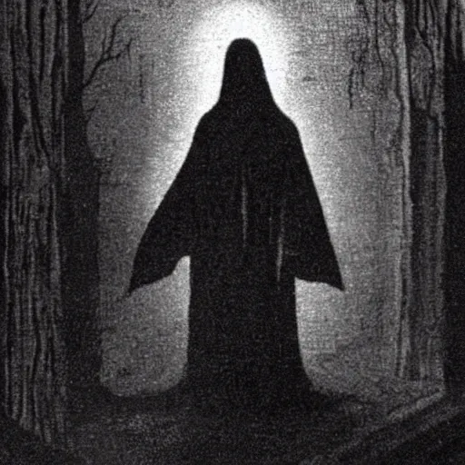 Prompt: a dark figure in a flowing robe haunts the end of time