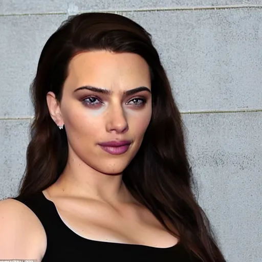 Image similar to a woman who is a genetic combination of kim kardashian and kat dennings and scarlett johansson and margot robbie and emma watson, face and upper - body focus