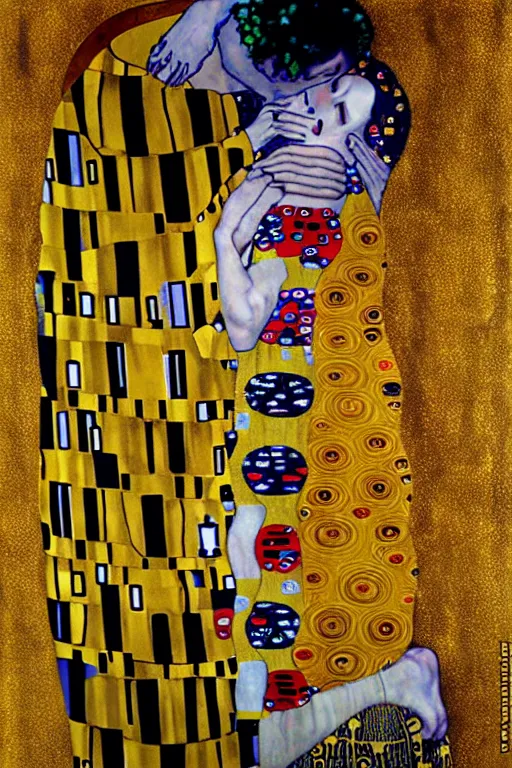 Prompt: gustav klimt the kiss with face of Nicolas Cage