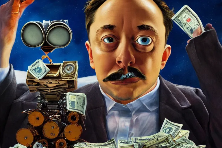 Image similar to Salvador Dali, WALL-E and Elon Musk counting money and holding keys, oil on canvas, artstation, portrait, masterpiece, aesthetic