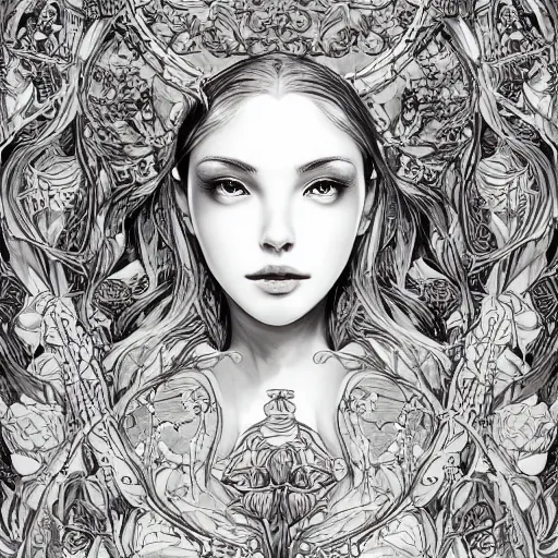 Image similar to the portrait of an unimaginably beautiful, graceful, elegant, and sophisticated young vampire woman made of bulbs of garlic, an ultrafine detailed illustration by james jean, intricate linework, bright colors, final fantasy, behance contest winner, vanitas, angular, altermodern, unreal engine 5 highly rendered, global illumination, radiant light, detailed and intricate environment