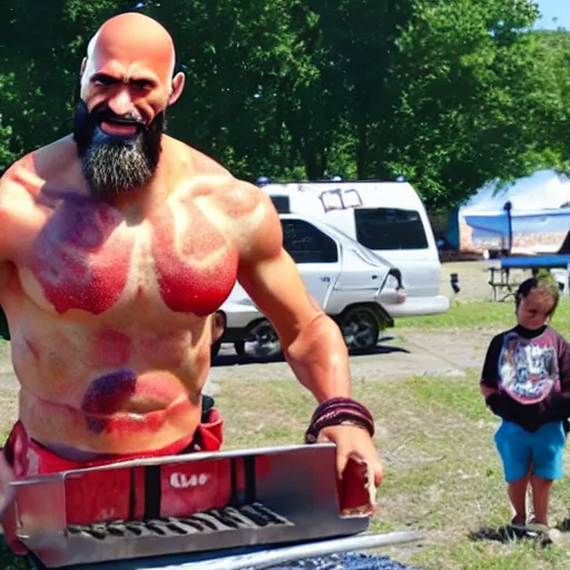 Image similar to Kratos running a hotdog stand in the summer