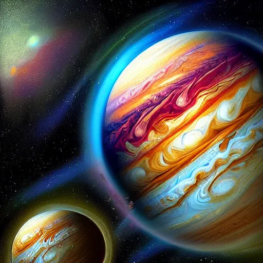 Prompt: A beautiful painting. Using data from a NASA exoplanet space telescope, scientists discovered a Jupiter-like world 379 light-years from Earth, orbiting a star similar to our Sun. synthwave, hygge, Roman by Jean Fouquet digital art