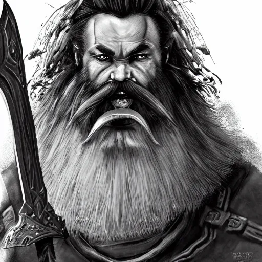 Image similar to ultrarealistic, ultradetailed, pathfinder character portrait, fierce bearded dwarf, face and body clearly visible, very very very ultradetailed, warrior, ((((battle axe)))), scary, long hair, DnD art, epic fantasy style art, fantasy epic digital art, epic fantasy art, hearthstone style art