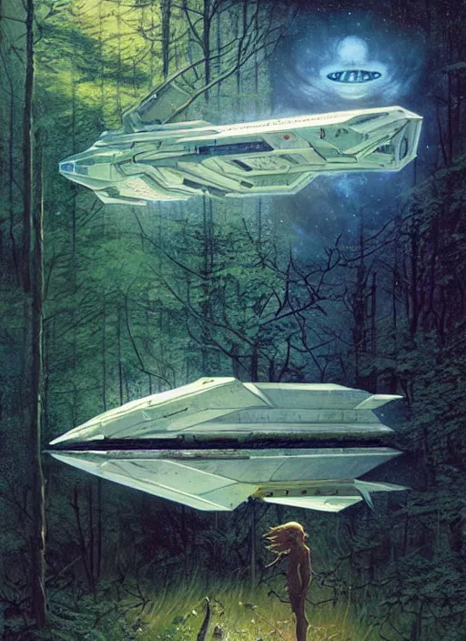 Image similar to hyper realistic spaceship in the woods by a river gorgeous lighting, lush forest foliage blue sky a hyper realistic painting by chiara bautista and beksinski and norman rockwell and greg rutkowski, weta studio, and lucasfilm