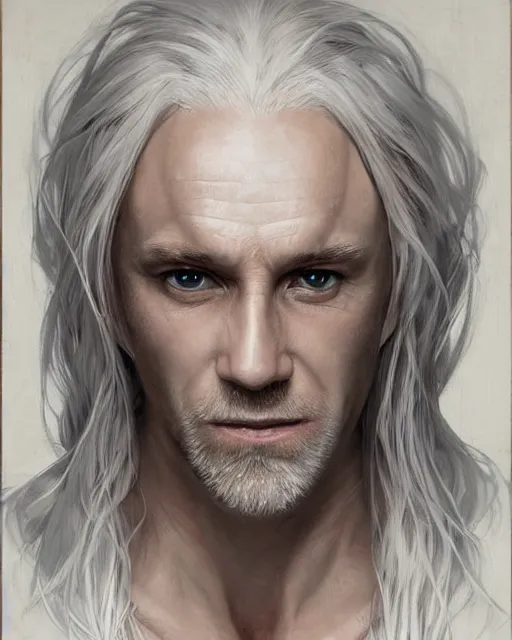 Prompt: portrait of 4 0 - year - old man with long white hair with a pale complexion, malfoy lucius, clear face, pointed face and grey eyes, hyper realistic face, beautiful eyes, fantasy art, in the style of greg rutkowski, intricate, alphonse mucha, hyper detailed, smooth