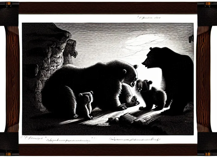 Image similar to Pieter Claesz's 'a bear and her cubs sleeping in a dark cave, lit by hole in roof', night time, cross hatching, beautiful wooden frame, monochrome, colours of the sunset