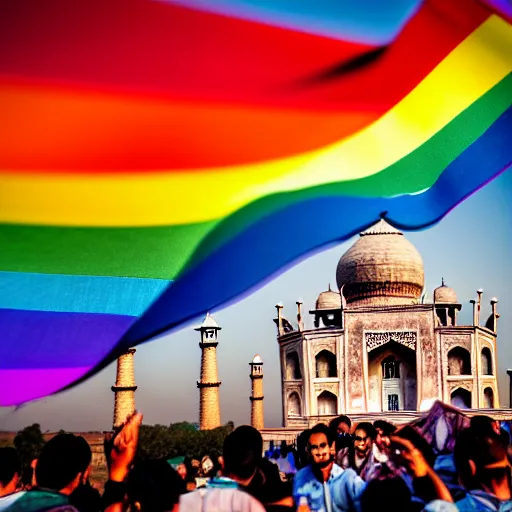 Prompt: photo of crowd of men wearing leather clothes with rainbow flags dancing at ( ( ( ( taj mahal ) ) ) ), well framed, sharp focus, 8 k, beautiful, award winning photo, highly detailed, intricate, centered, soft clouds