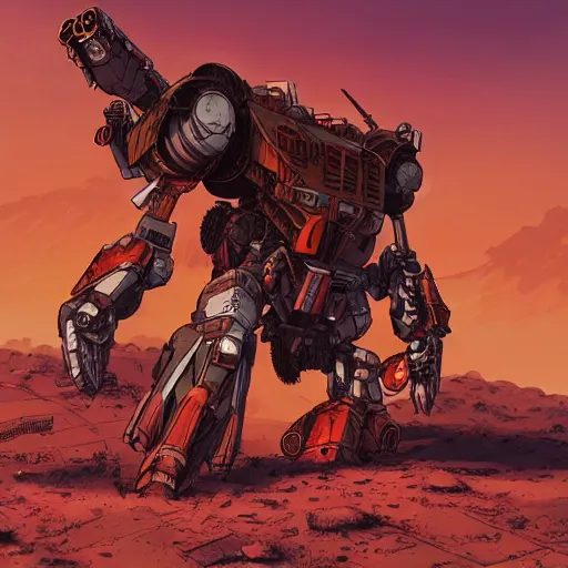 Image similar to comic book style battlemech, post-apocalyptic, high-tech, hulking, wide shot, desert background, highly detailed, artstation, concept art, sharp focus, illustration, art by yoshiyuki tomino and magali villeneuve, red brown and white color scheme
