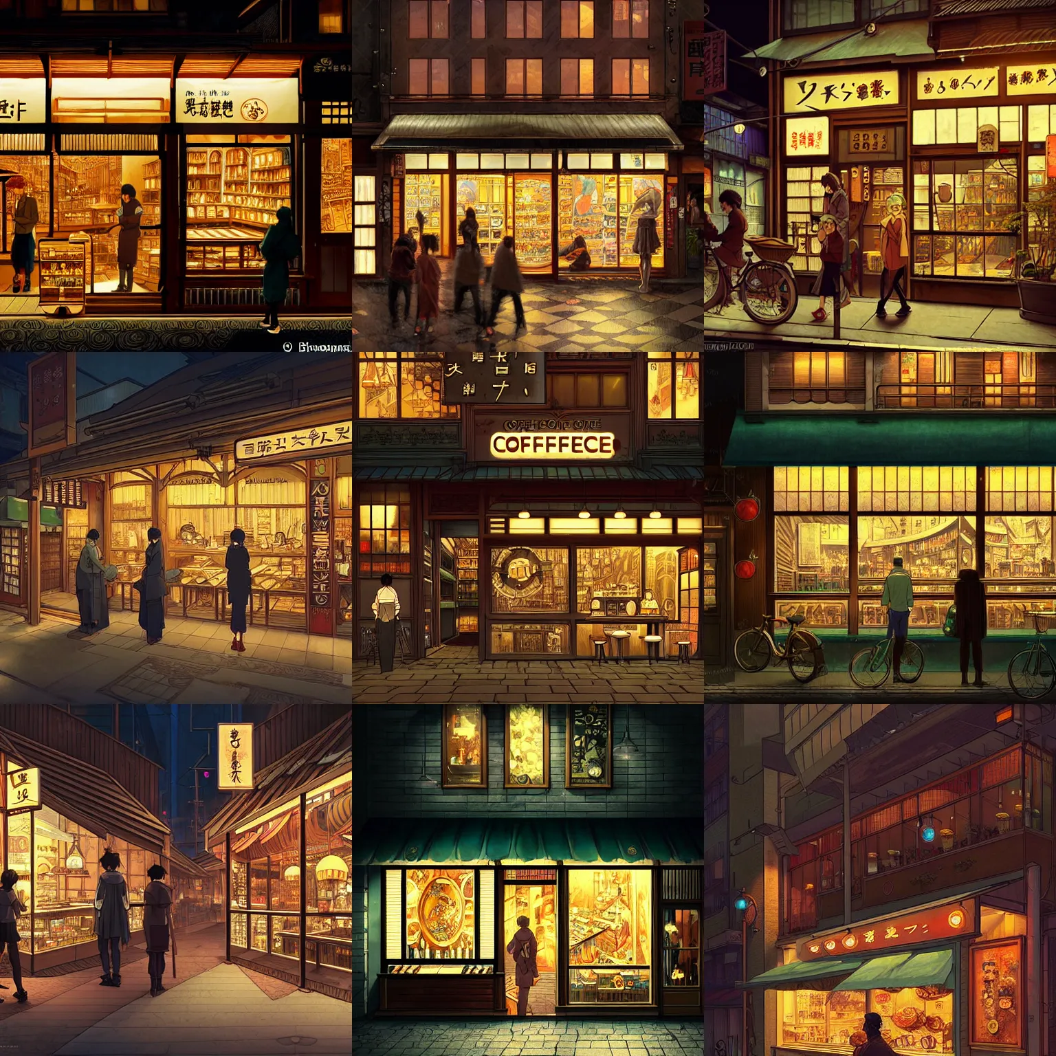 Prompt: a coffee shop store in The City of Japan at night with a few customers, extreme plus resolution fantasy concept art, intricate details to everything visible, sharp lighting, Dramatic light by denis villeneuve, strong emphasis on alphonse mucha, Makoto Shinkai
