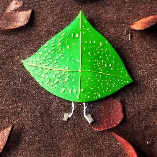 Image similar to A tiny, tin robot, in a green forest holding a leaf over his head to shield him from the wet rain. dew drops. cinematic lighting, cute.