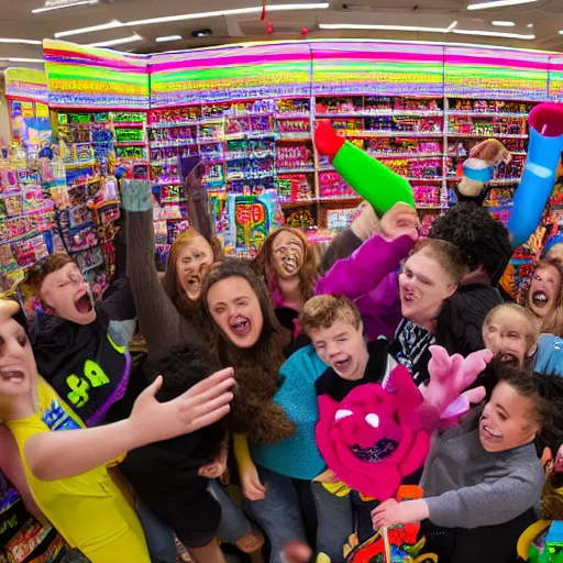 Image similar to a moshpit inside toys r us, wide lens shot, 3 0 mm, f 2. 8, photo realistic high quality hd 8 k flash photography