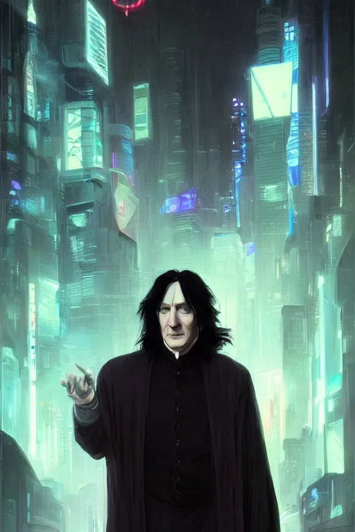 Image similar to portrait of severus snape in cyberpunk, neon lighting, night city, digital art from artstation by Ruan Jia and Mandy Jurgens and Artgerm and william-adolphe bouguereau and Greg Rutkowski