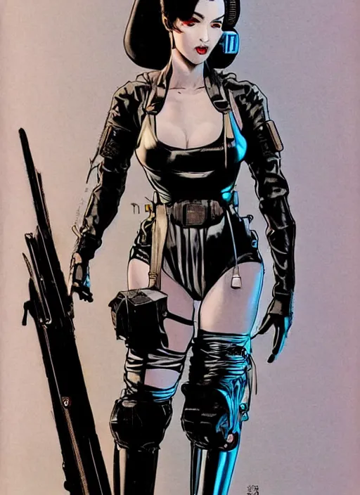 Prompt: selina tanaka. cyberpunk geisha in tactical harness and jumpsuit. dystopian. portrait by stonehouse and mœbius and will eisner and gil elvgren and pixar. realistic proportions. cyberpunk 2 0 7 7, apex, blade runner 2 0 4 9 concept art. cel shading. attractive face. thick lines. moody industrial landscape.