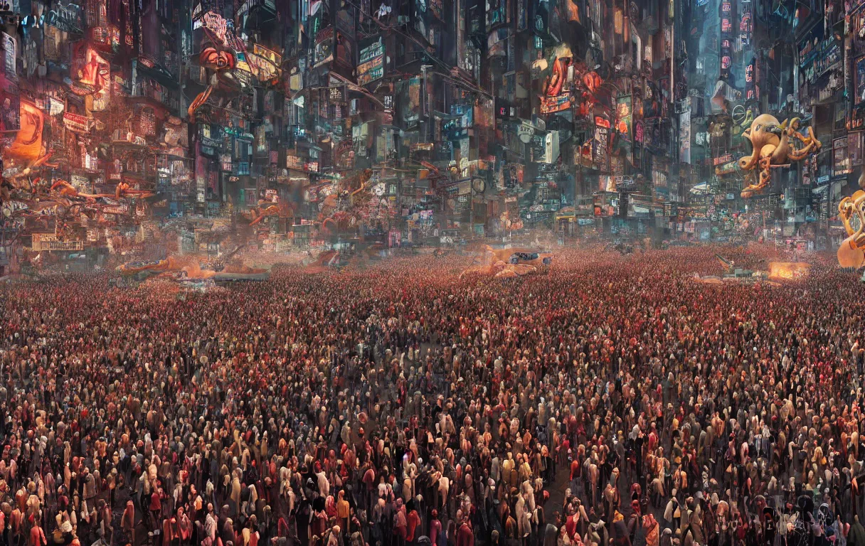 Image similar to photograph a crowd of people connected to a mammoth algorithm machine. new york thanksgiving parade by shaun tan, slim aarons, zhang kechun, national geographic. octane render. in the style of the fifth element, cyberpunk 2 0 4 9.