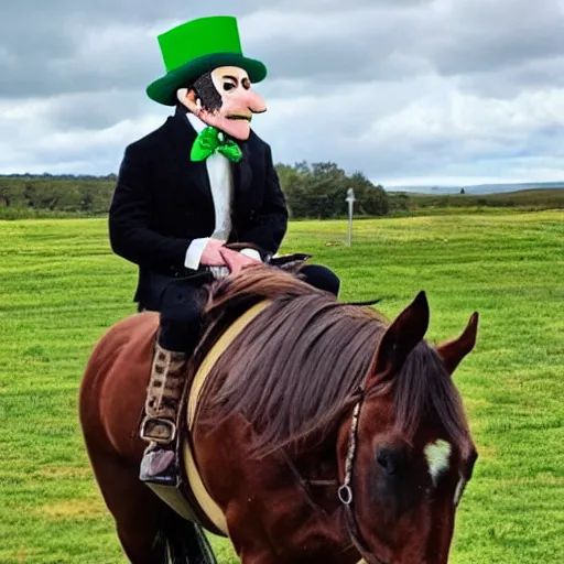 Image similar to a leprechaun on a horse drinking a guinness