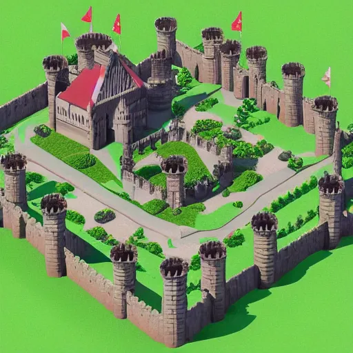 Image similar to medieval castle in a jungle, 3 d, isometric, courtyard, very low poly