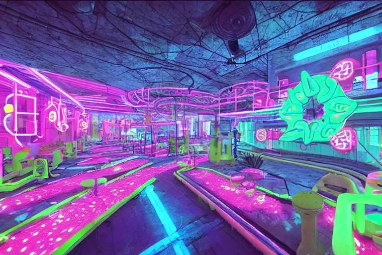 Prompt: dystopian neon fish factory