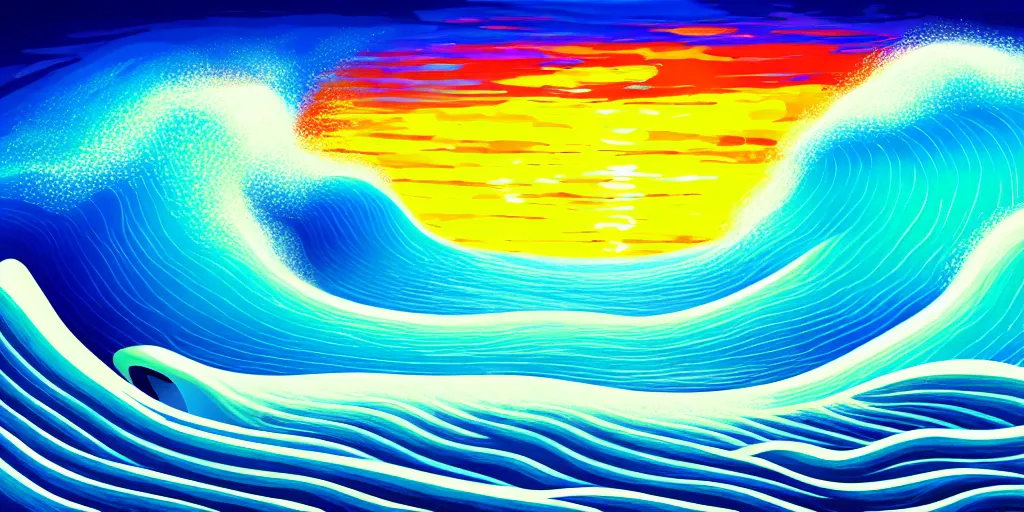 Image similar to a beach shaped like a singing mouth, the waves are made is musical notes, one wave is shaped like the mouths tongue, very colorful painting 8 k trending on art station, intricate details, very realistic, cinematic lighting, volumetric lighting,