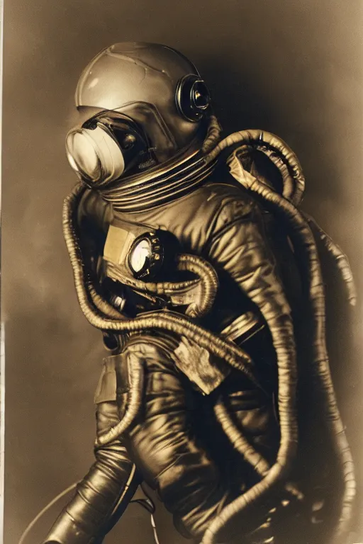 Image similar to extremely detailed studio portrait of space astronaut, tentacle coming out of mouth, helmet is off, helmet i in lap, full body, soft light, golden glow, award winning photo by james van der zee