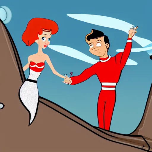 Image similar to handsome brunette pilot and red haired mermaid flying in a cessna airplane, style of Jetsons, cartoon,