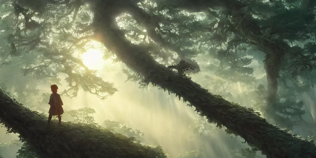 Image similar to giant monster in the distance, forest, standing on a tree top, 4 k, artgerm, high detail, dramatic lighting, sunset, hayao miyazaki, masashi ando, nizou yamamoto, kazuo oga, joe hisaishi, yoji takeshige, naoya tanaka