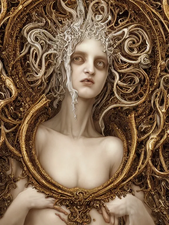 Prompt: a beautiful render of baroque catholic veiled demon lady sculpture with symmetry intricate detailed,by Nekro and peter gric and aaron horkey and Billelis,Trending on artstation,ZBrush,fractalism,maximalism,glittering,gold,ivory,hyperreal