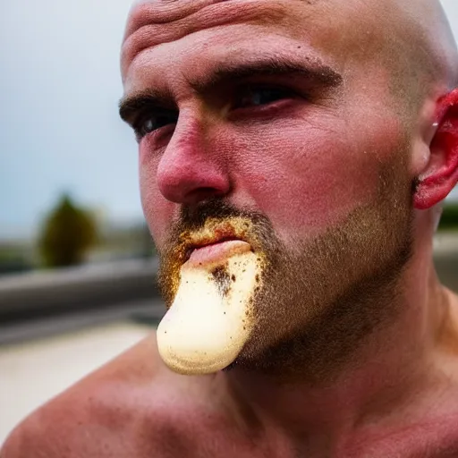 Image similar to close up photo of a fully clothed bald crimean man with cream dripping from his face