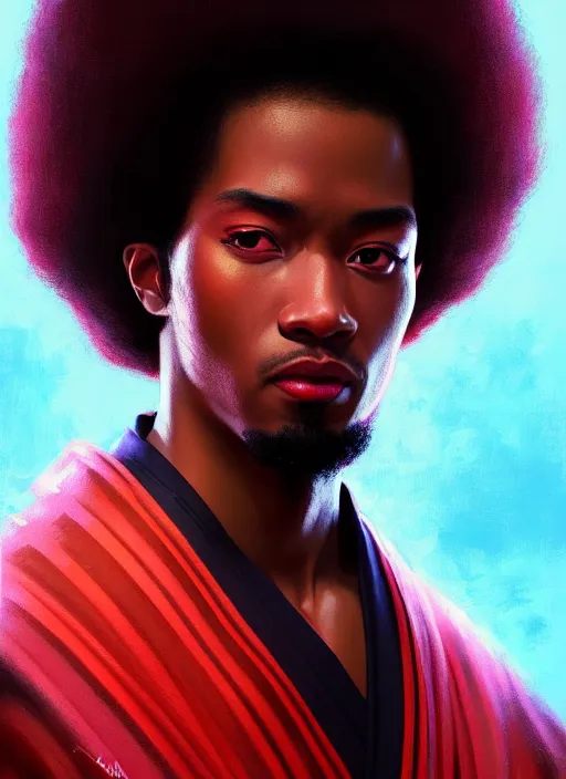 Prompt: photographic portrait of an handsome young black man with an afro and red eyes in a kimono, atmospheric lighting, elegant, highly detailed, digital painting, artstation, concept art, sharp focus, star wars, illustration, art by artgerm and greg rutkowski