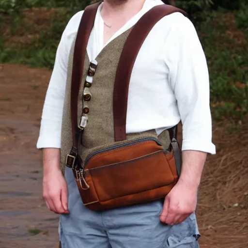 Image similar to white crossbody sling chest bag, (pudgy) british lad with short curly dark brown hair as a hobbit wearing a white men's crossbody sling chest bag and blue vest