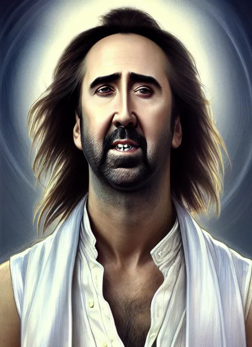 Image similar to symmetry!! portrait of nicolas cage, long hair in the wind, smile, happy, white vest, intricate, elegant, highly detailed, digital painting, artstation, concept art, smooth, sharp focus, illustration, art by artgerm and greg rutkowski and alphonse mucha