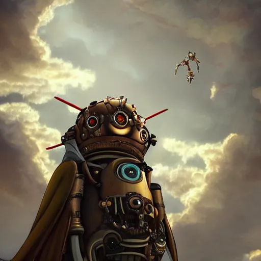 Image similar to a steampunk robotic angel, studio ghibli, extremely detailed, clouds, epic, sky, cinematic lighting,
