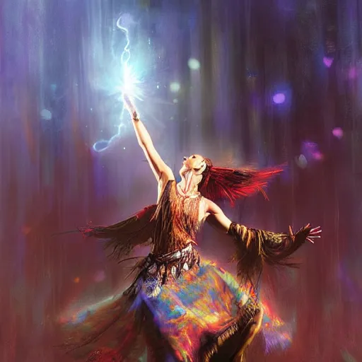 Image similar to a shaman dancing with light by Raymond Swanland