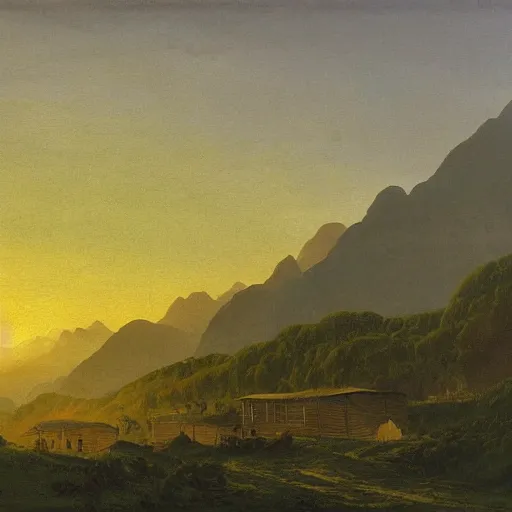 Image similar to mountains above the clouds, village in the mountain, long parallel wooden platforms, tents, colors, misty clouds, sun at dawn, painting by caspar david friedrich