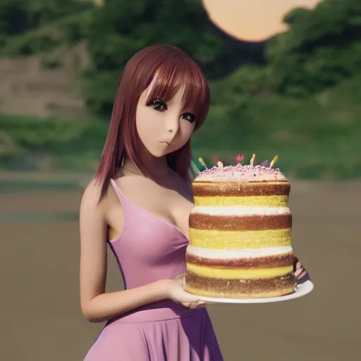 Image similar to Render of a beautiful 3d anime woman holding a birthday cake out to the camera, long light pink hair, full bangs, hazel eyes, cute freckles, full round face, soft smile, Chinese heritage, cute checkerboard sundress, golden hour, serene beach setting, medium shot, mid-shot, hyperdetailed, trending on Artstation, Unreal Engine 4k