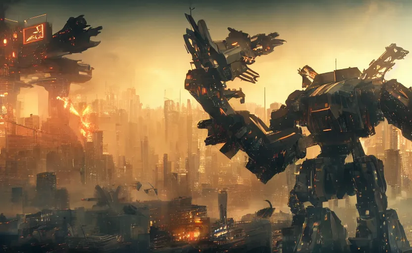 Image similar to an epic fight between two gigantic weaponized mechs in the middle of a futuristic new york city, futuristic, epic, cinematic, raytracing, cyberpunk, 4 k, destructive, awesome, stunning