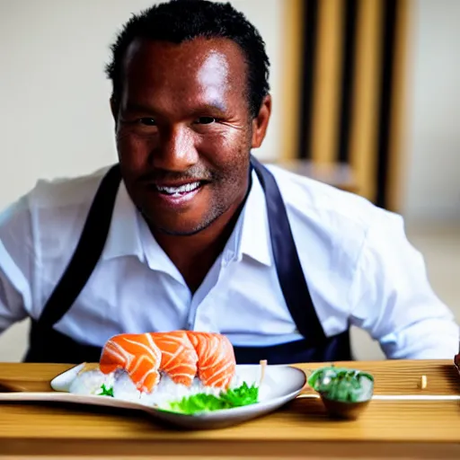 Prompt: photo, papua man in business suit eating sushi