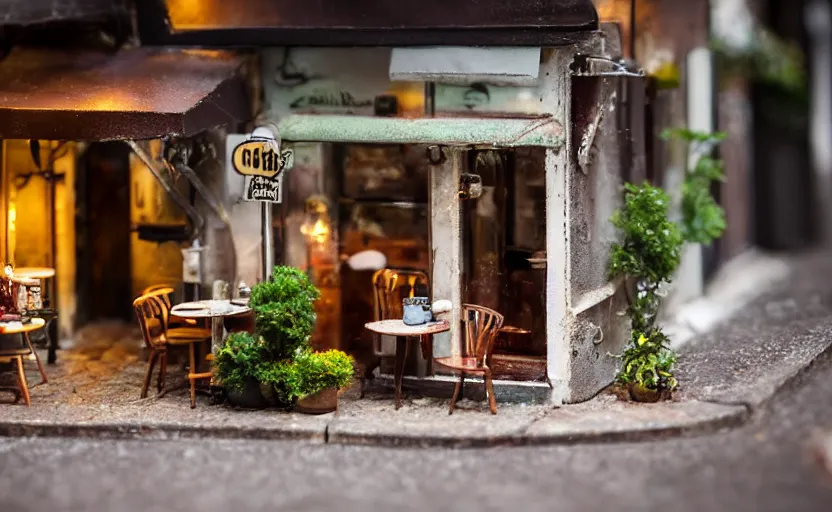 Image similar to miniature cafe diorama macro photography, cafe for mice, alleyway, ambient, atmospheric, british, bokeh, romantic