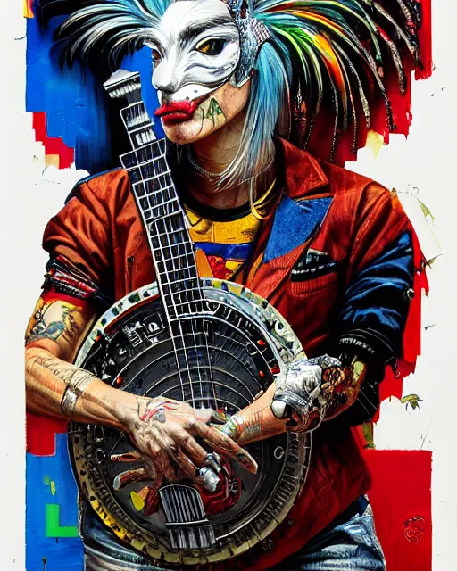 Image similar to a portrait of an anthropomorphic cyberpunk rooster shredding a banjo by sandra chevrier, by jon foster, detailed render, tape deck, epic composition, cybernetics, 4 k realistic, cryengine, realistic shaded lighting, sharp focus, masterpiece, by enki bilal