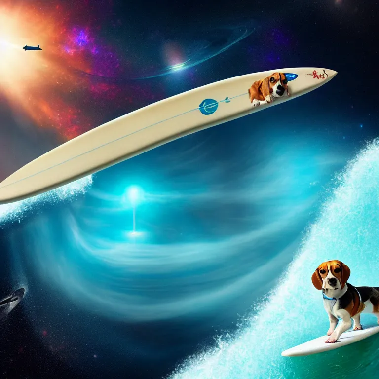 Image similar to beagle dog surfing a surfboard on a crashing l wave of alien ocean in space, background is an alien galaxy, aliens in the background, alien colors, octane render, unreal engine, wide view, 8 k, high detaild