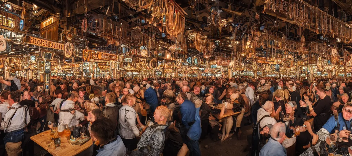 Prompt: crowded cyberpunk oktoberfest beer hall, beer glasses, lederhosen, neon, detailed, wide angle, realism 8k HDR