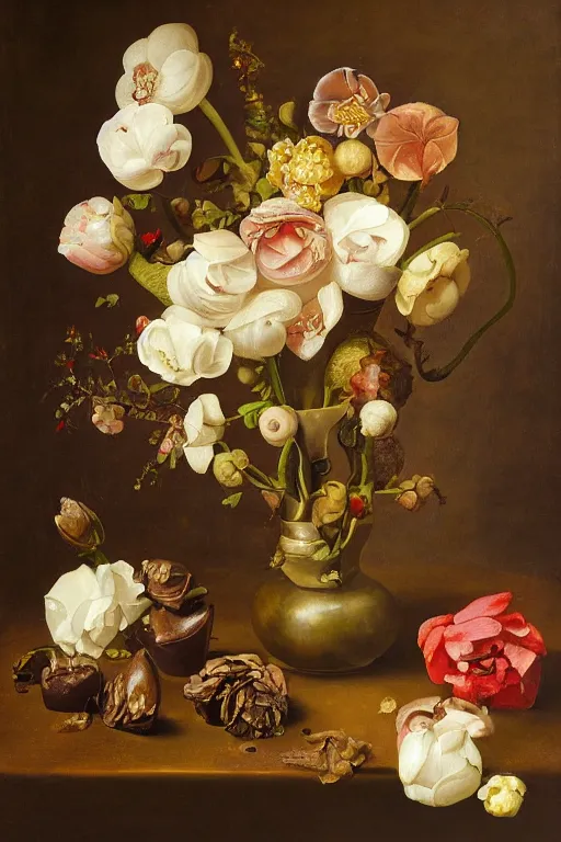 Image similar to painting of chocolate flowers in a vase on a table, by rachel ruysch, pop surrealism, biomorphic, made of sweet delicious texture